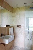 Corner of elegant bathroom with large wall tiles and glazed shower area