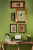 retro typewriter and bust below framed botanical illustrations on green wall