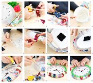 Instructions for decorating a wall clock with patchwork fabric, pompoms and narrow trim