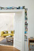 A door frame decorated with photos