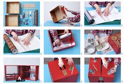 Instructions for making minibar from two wooden crates and wallpaper