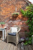 Wicker armchair on terrace in front of ivy growing on brick wall