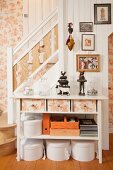 Console table with drawers, boxes and baskets