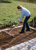 Sow corn salad, preparing the flower bed with the scythe-puller