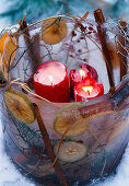 Ice lantern with frozen apple slices, rosehips and cinnamon sticks