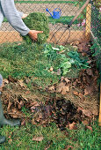 Kompost : Frau gibt Grasschnitt auf Komposthaufen
