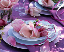 Magnolia blossom on soup plate with cutlery, dinner plate