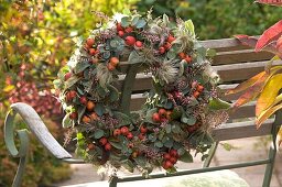 Autumn wreath with rose hips and eucalyptus