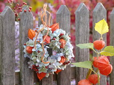 Hanging hydrangeas and lantern flowers wreath