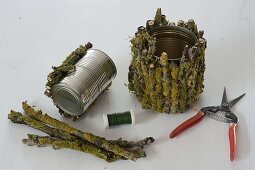 Tin cans wrapped in lichen-covered branches