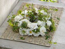 White Wreath of Pink (Rose), Cosmos (daisies), Sedum