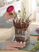 Dogwood branches as plug-in aid for ranunculus bouquet