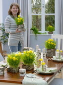 Tischdeko mit Weizengras, Narzissen und Birke