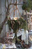 Traffic light basket from Salix, with candles, twigs and cones