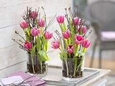 Tulipa in glass containers with betula as plug-in aid