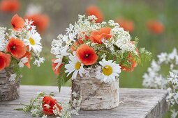 Small bouquets with Papaver rhoeas (poppy), Leucanthemum