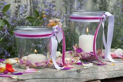 Lanterns decorated with petals of Dahlia, Zinnia