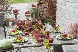 Table decoration with apples, rose hips and wild wine