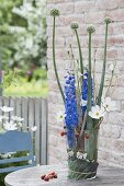 Modern arrangement in glass, delphinium (delphinium), Cosmos