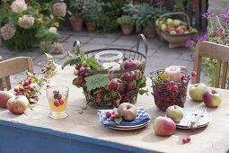 Table decoration with apples (Malus) and ornamental apples in wire baskets