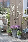 Spring arrangement on wooden deck