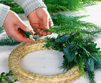 Wreath bind with mixed conifer branches