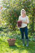 Frau bei der Apfelernte im Garten