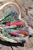 Basket of hand-made lavender wands and lavender