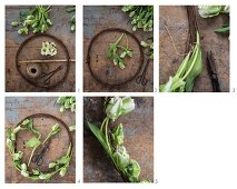 Instructions for making a rustic wreath from rusty wire and tulips
