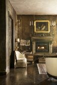 Fireplace, oil painting and vintage ambiance in traditional living room