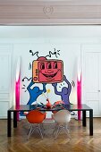 Pop-art mural on wall in dining room of period apartment