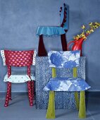 Chairs with hand-sewn covers made from various fabrics