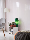 Cactus-shaped lamp and cacti on cubic shelf module