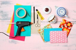 Craft materials for a making a sewing organiser from old crockery