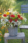 Farm garden bouquet in basket vase: Lychnis chalcedonica