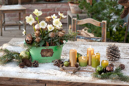 Weihnachtliches Tisch-Arrangement im ersten Schnee :
