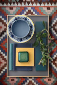 Tray of accessories on rug - ethnic-style mood board