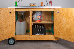 DIY mobile outdoor kitchen with open doors