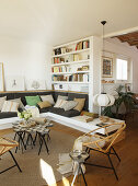 Masonry sofa and shelves in Mediterranean living room