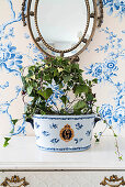 Blumentopf mit Efeu auf Vintage Kommode, darüber Spiegel an blau-weißer Blumentapete
