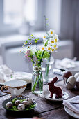 A table laid for Easter with spring flowers, quail eggs and a chocolate bunny