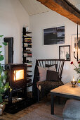 Wood-burning stove in cosy corner of living room