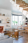 Playpen in open-plan, Scandinavian, vintage-style interior