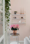 Potted hydrangea on metal table in living room with pink wall