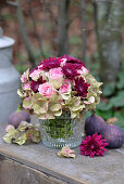 Autumn bouquet of chrysanthemums, roses and hydrangea flowers