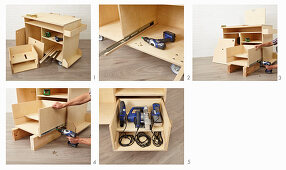 Instructions for building a workshop trolley (attaching a drawer)