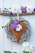 Metal heart with wreath, dahlias and asters
