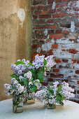 Flowering lilac in glass jars on terrace table in courtyard