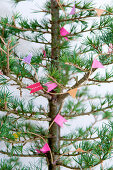 Homemade garland made of washi tape on a christmas tree