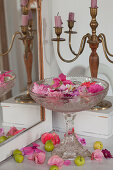 Pale pink and deep pink flowers floating in glass confectionary dish